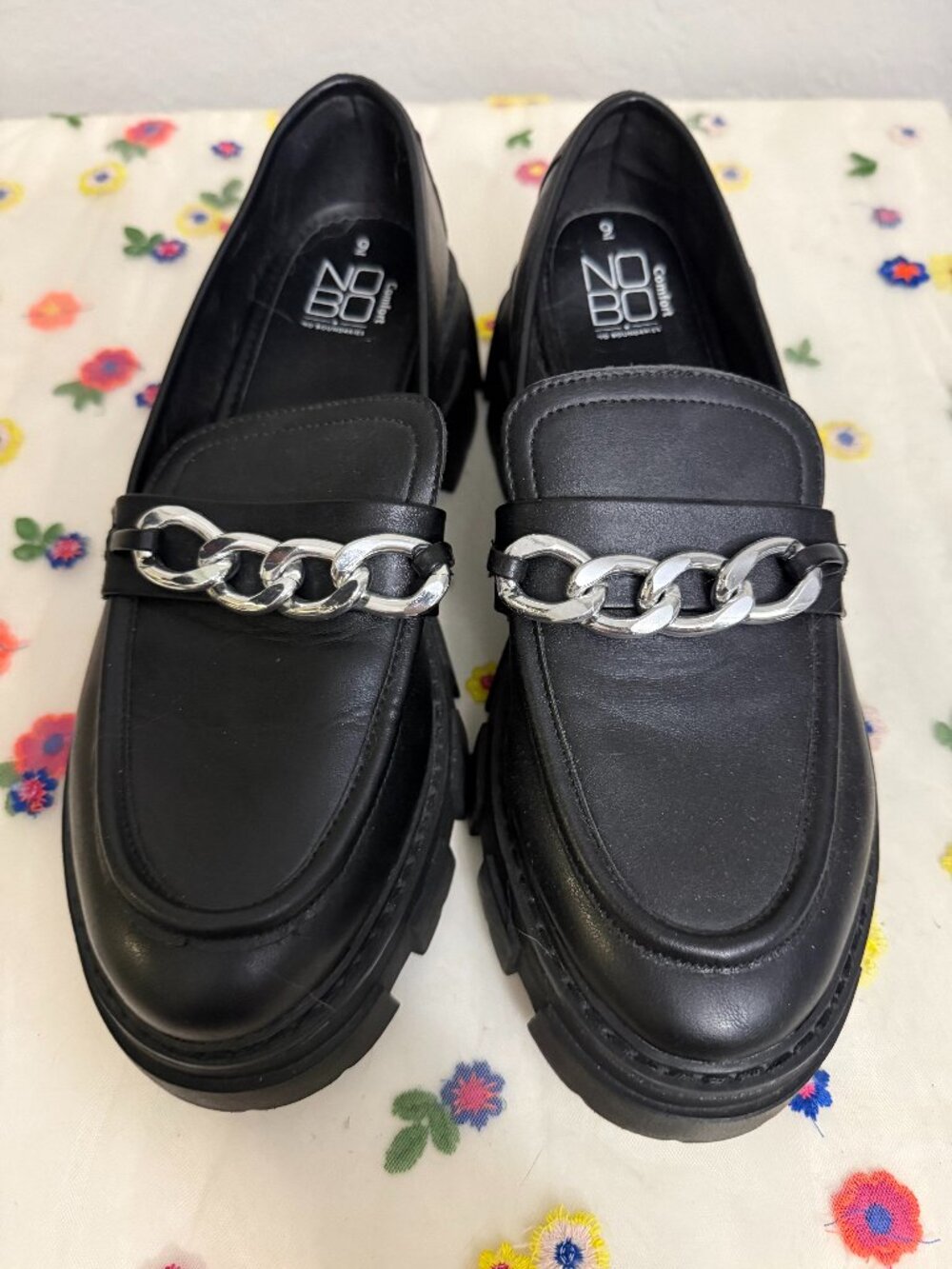 NoBo Black Chunky Lug Sole Chain Loafers